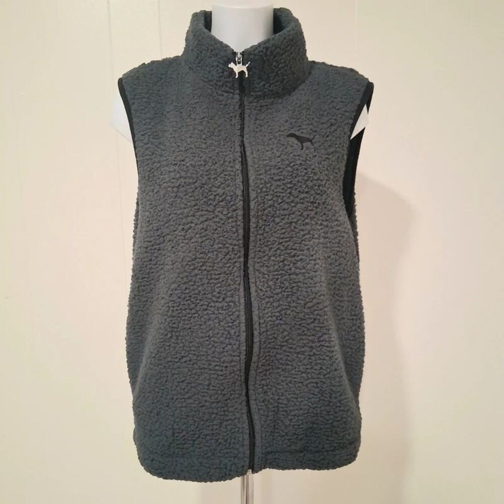 Victoria's Secret Pink Full Zip Gray Sherpa Fleece Vest w Dog Zipper Pull size L